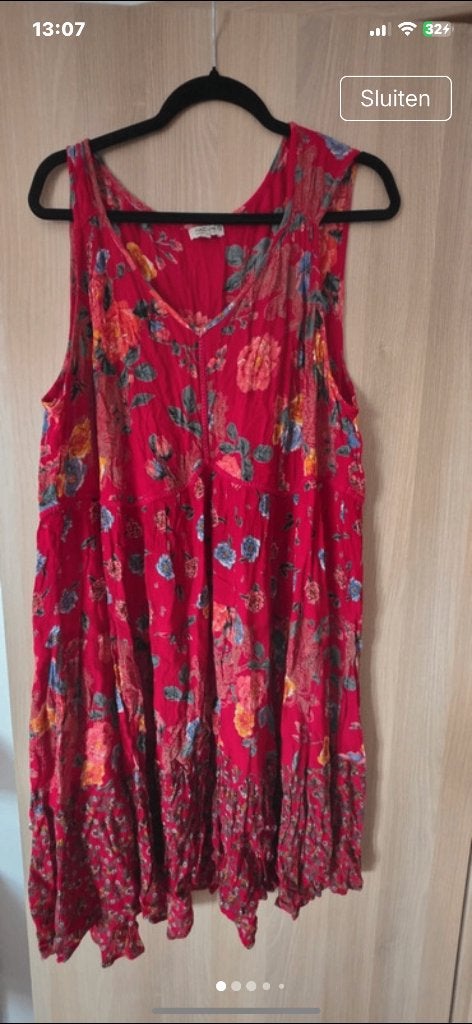 VERKOCHT v) DD28 NATURA rode jurk met bloemen hippie hobo XL, Verzenden, Maat 46/48 (XL) of groter, Zo goed als nieuw, Knielengte