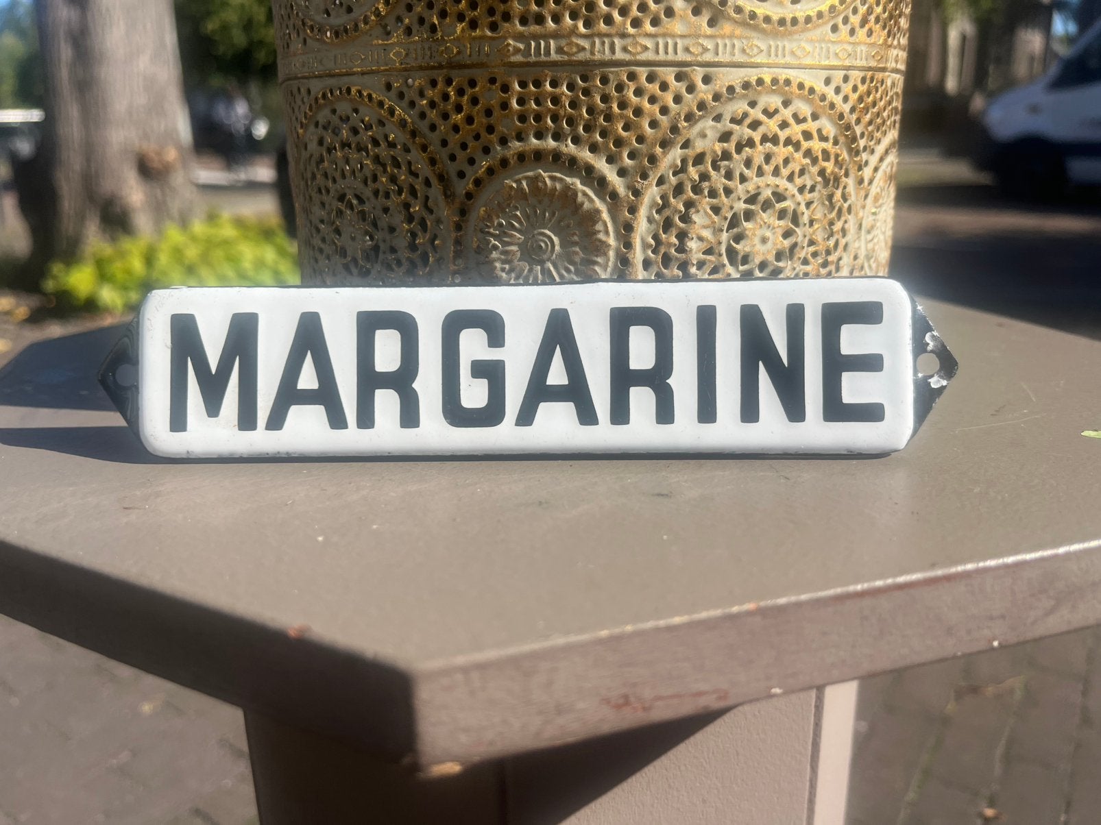 “Margarine” emaille zwart wit reclame bordje, Ophalen of Verzenden, Gebruikt, Reclamebord