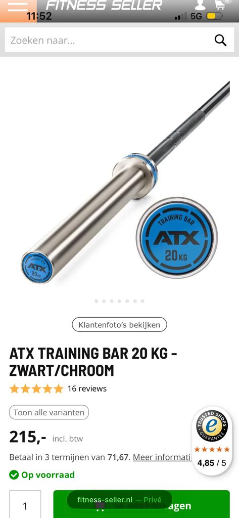 ATX Training Bar 20 kg - Zwart/Chroom, Sport en Fitness, Fitnessmaterialen, Ophalen, Nieuw, Armen, Halterstangen