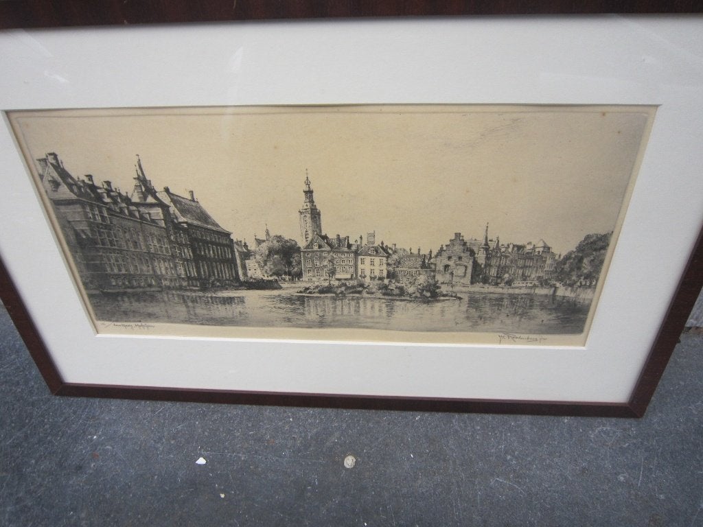 H.E.ROODENBURG, (P. Scheen) Mooie ets v/d Haagse HOFVIJVER, Ophalen, Architectuur, Ets