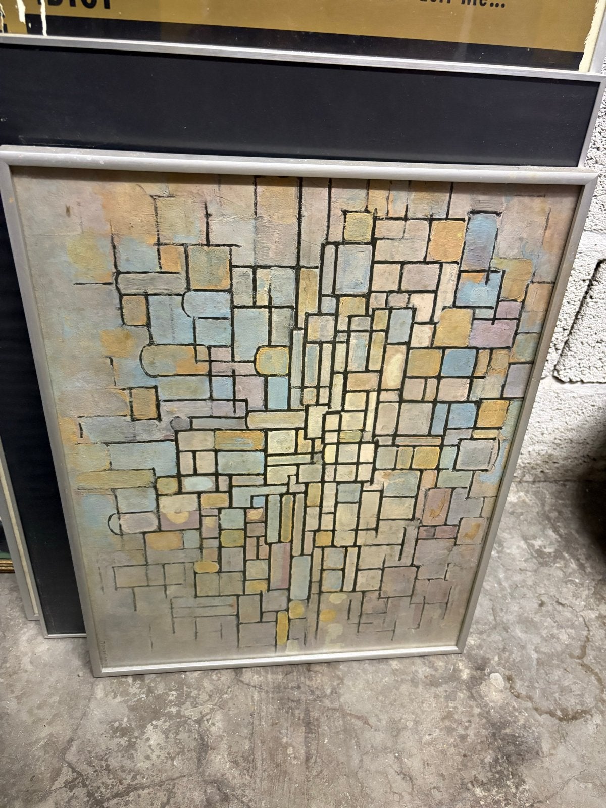 Abstract schilderij (poster) in Mondriaan-stijl, gesigneerd, Ophalen