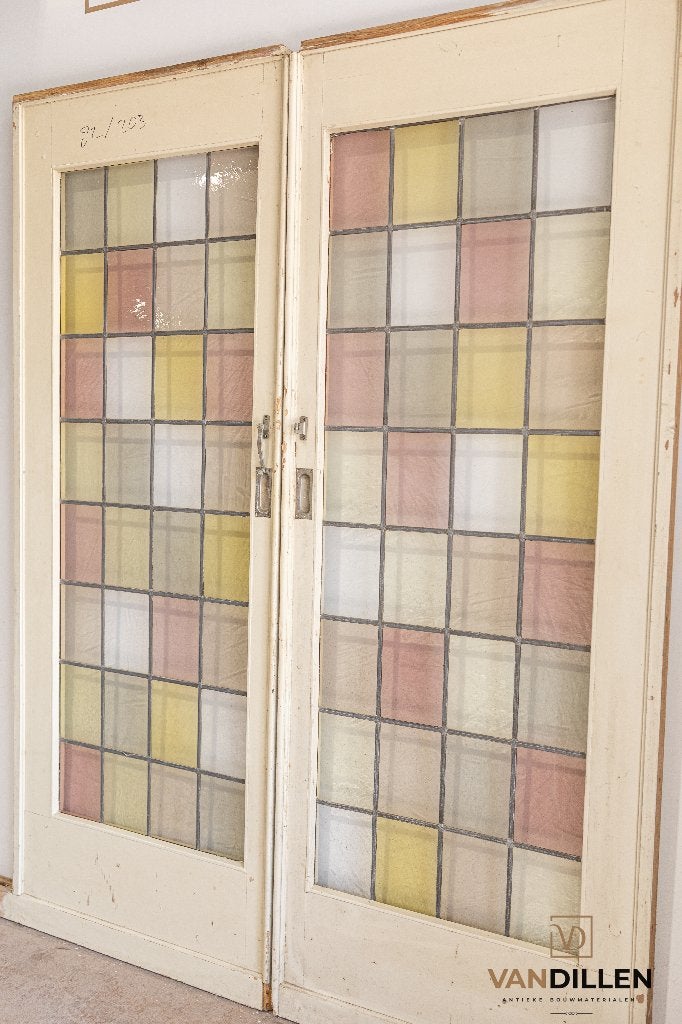 Set ensuite schuifdeuren met kleur glas in lood, Gebruikt, 120 cm of meer, Binnendeur, Ophalen of Verzenden