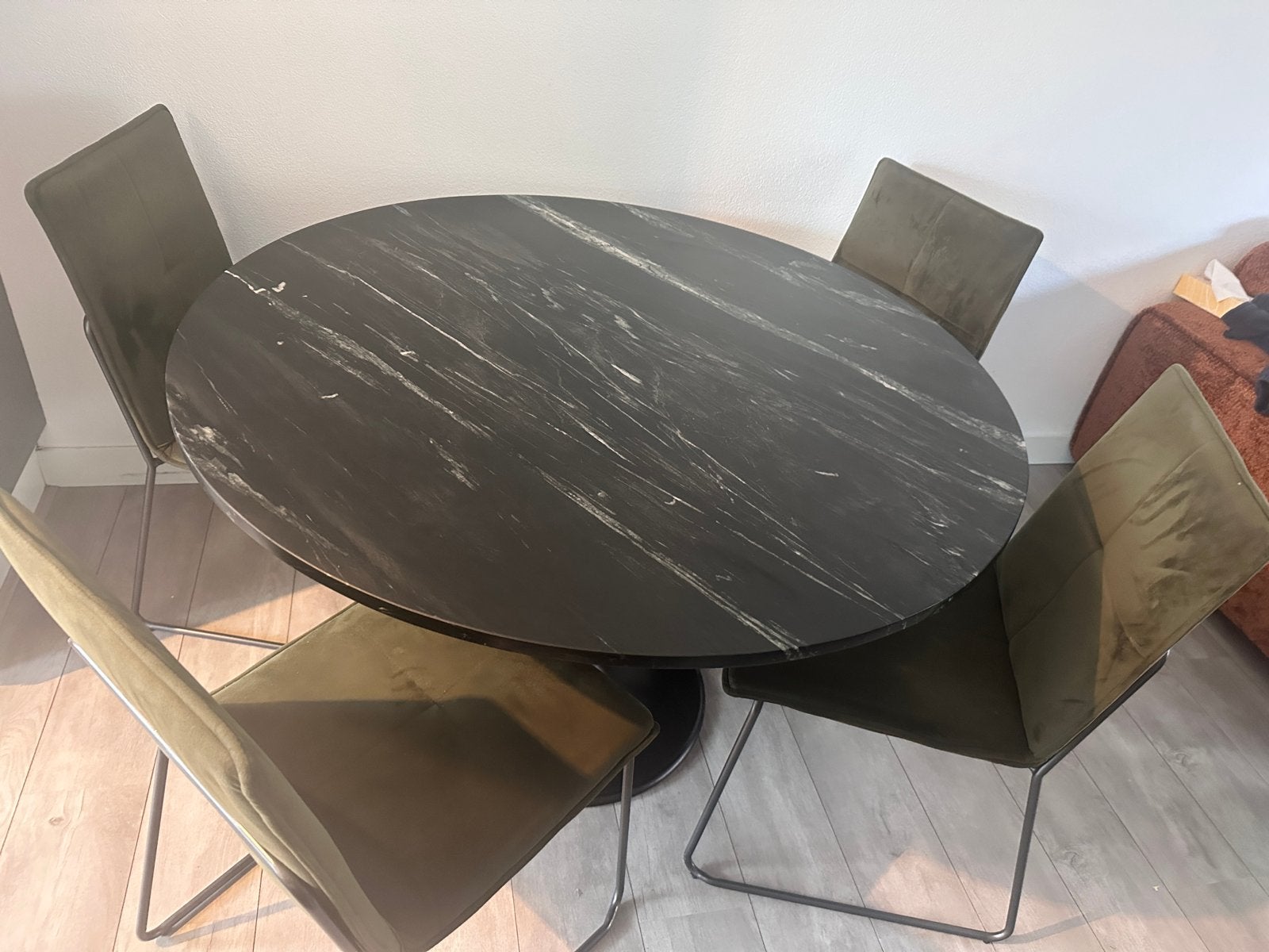 Moderne Marmeren Eettafel 120 cm met Zwart Onderstel, Ophalen, Overige materialen, 100 tot 150 cm, Rond