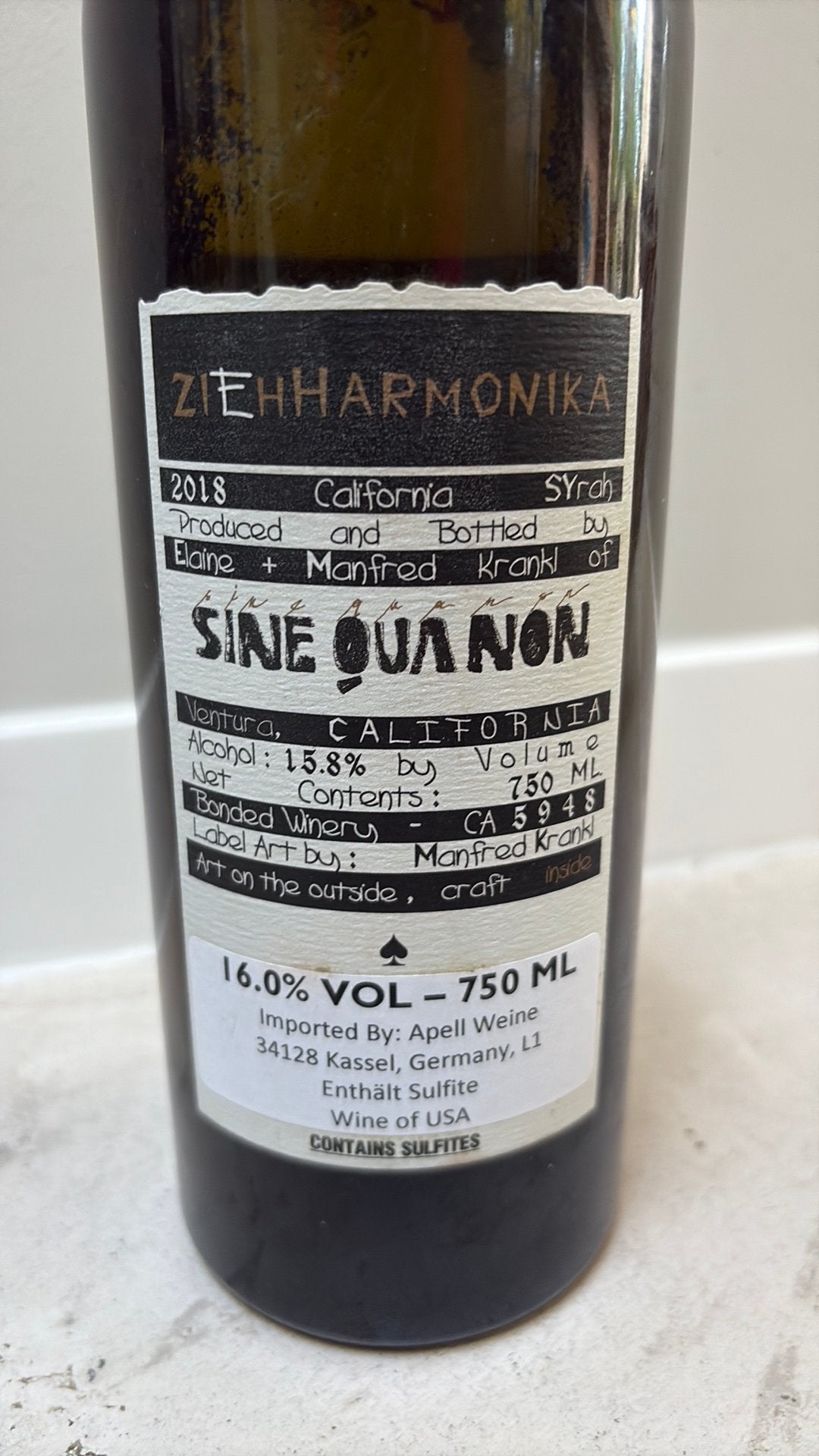 Sine Qua Non California USA (lege fles), Ophalen of Verzenden, Gebruikt