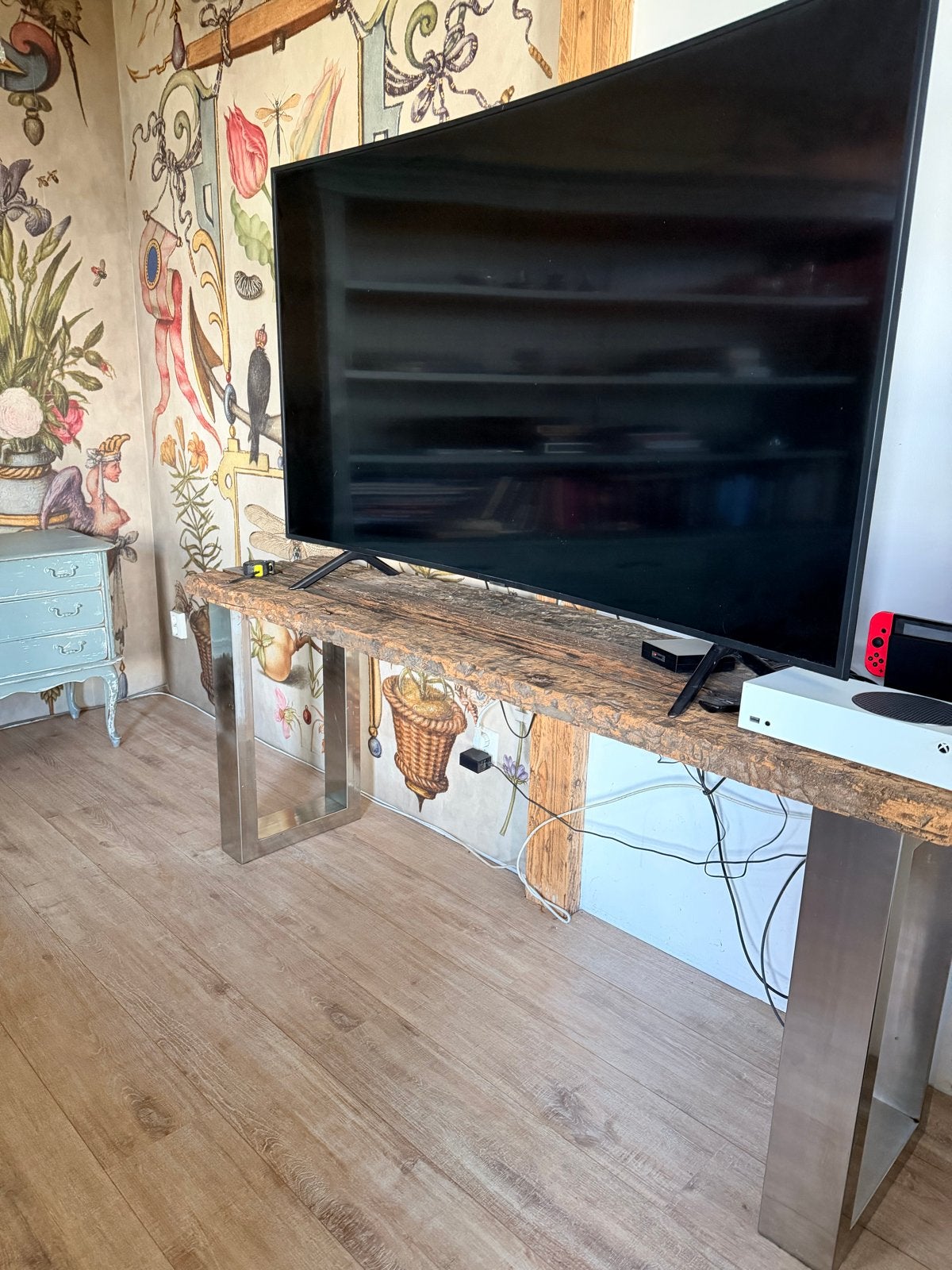 Robuuste bijzettafel van 180x74 cm, Gebruikt, Ophalen of Verzenden, 150 tot 200 cm, Overige houtsoorten