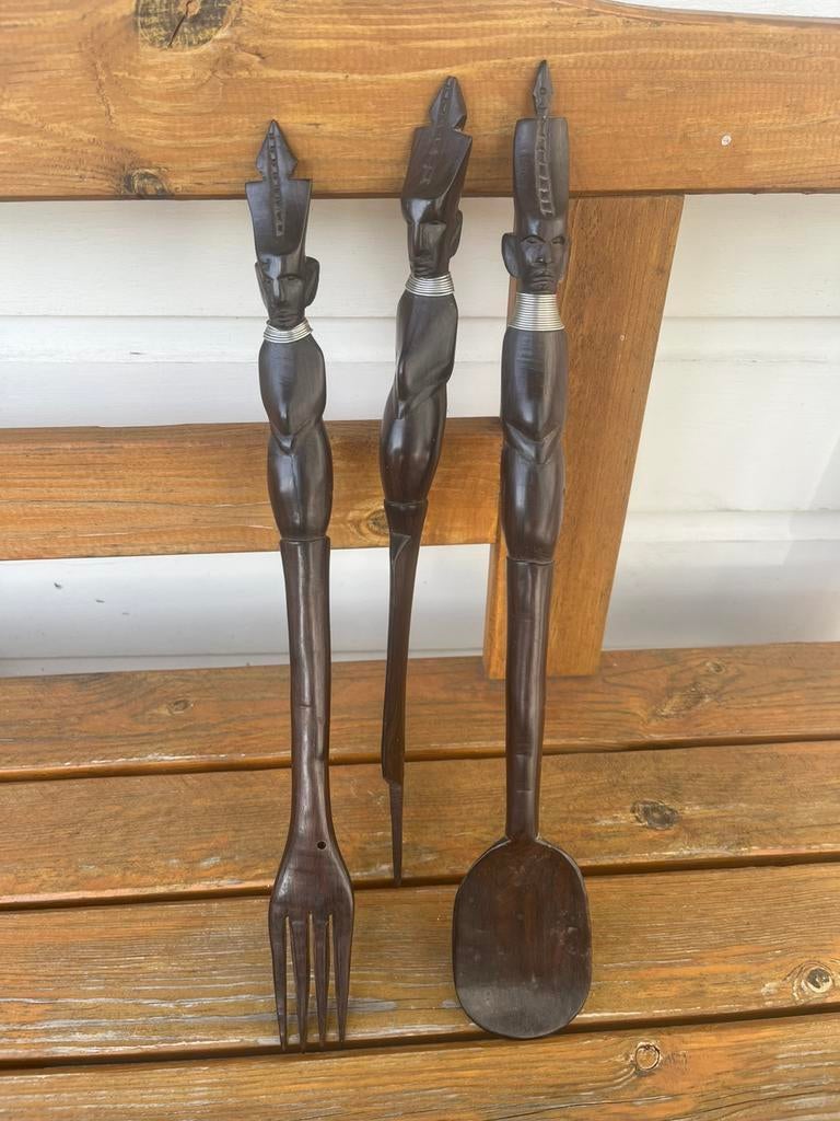 Vintage afrikaanse houten bestekset handgemaakt, Antiek en Kunst, Ophalen of Verzenden