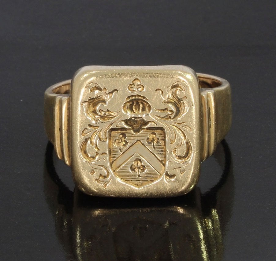 Familiewapen heren 14k gouden zegelring robuust vintage, Verzenden, Goud, Ring, Met edelsteen