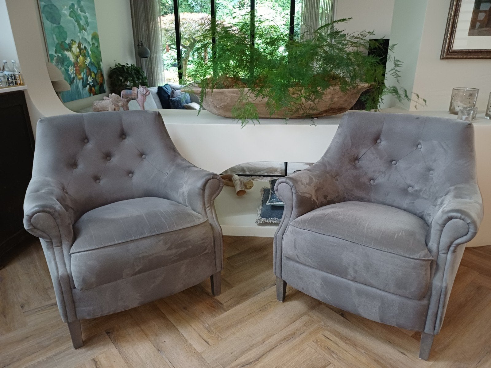 Twee mooie grijze fauteuils landelijk chique, Ophalen, Hout, Klassiek, Luxe, Modern, 75 tot 100 cm