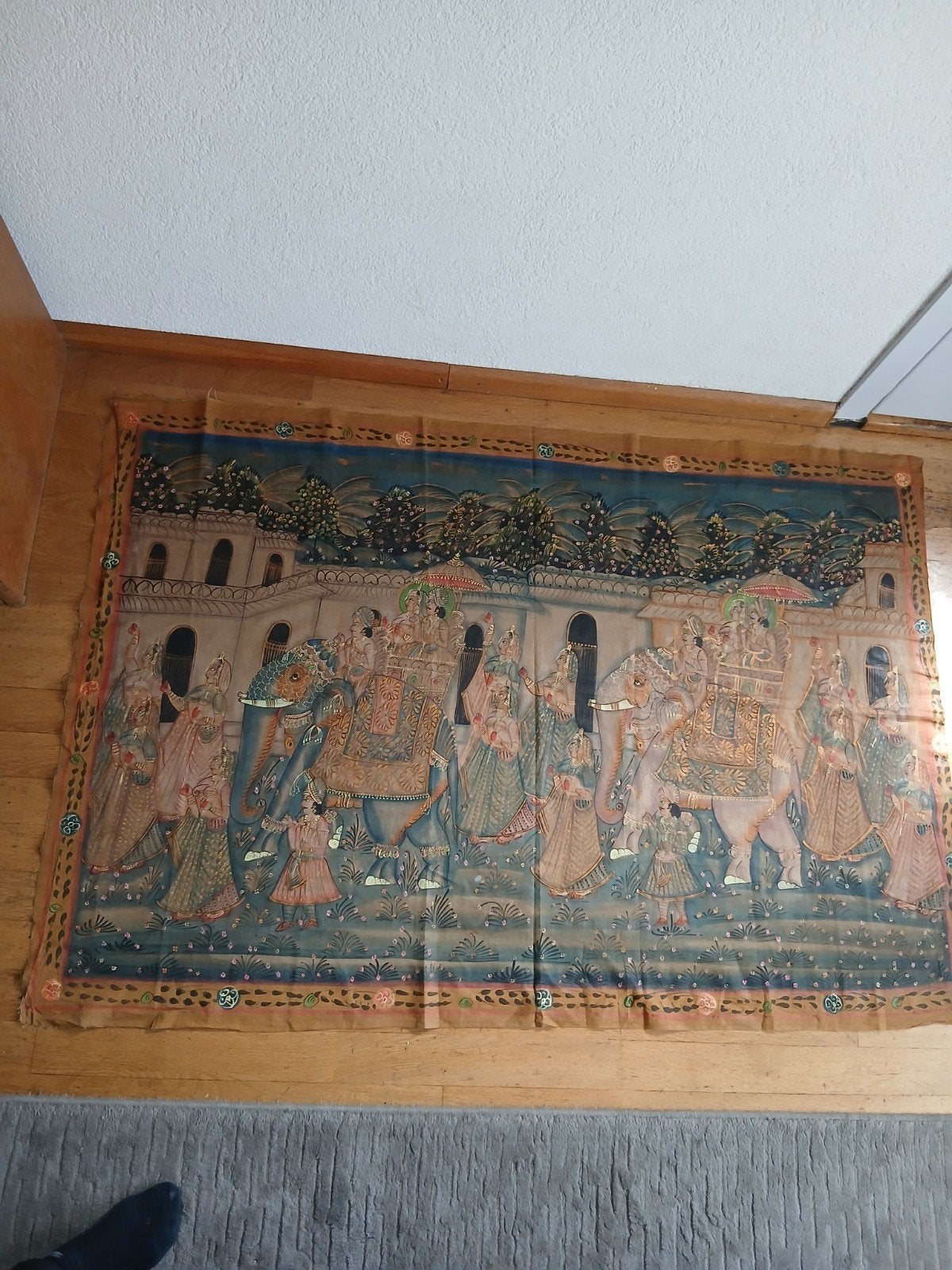 Schilderij op stof India processie met olifanten olifant, Antiek en Kunst, Ophalen of Verzenden, Schilderij, Textiel