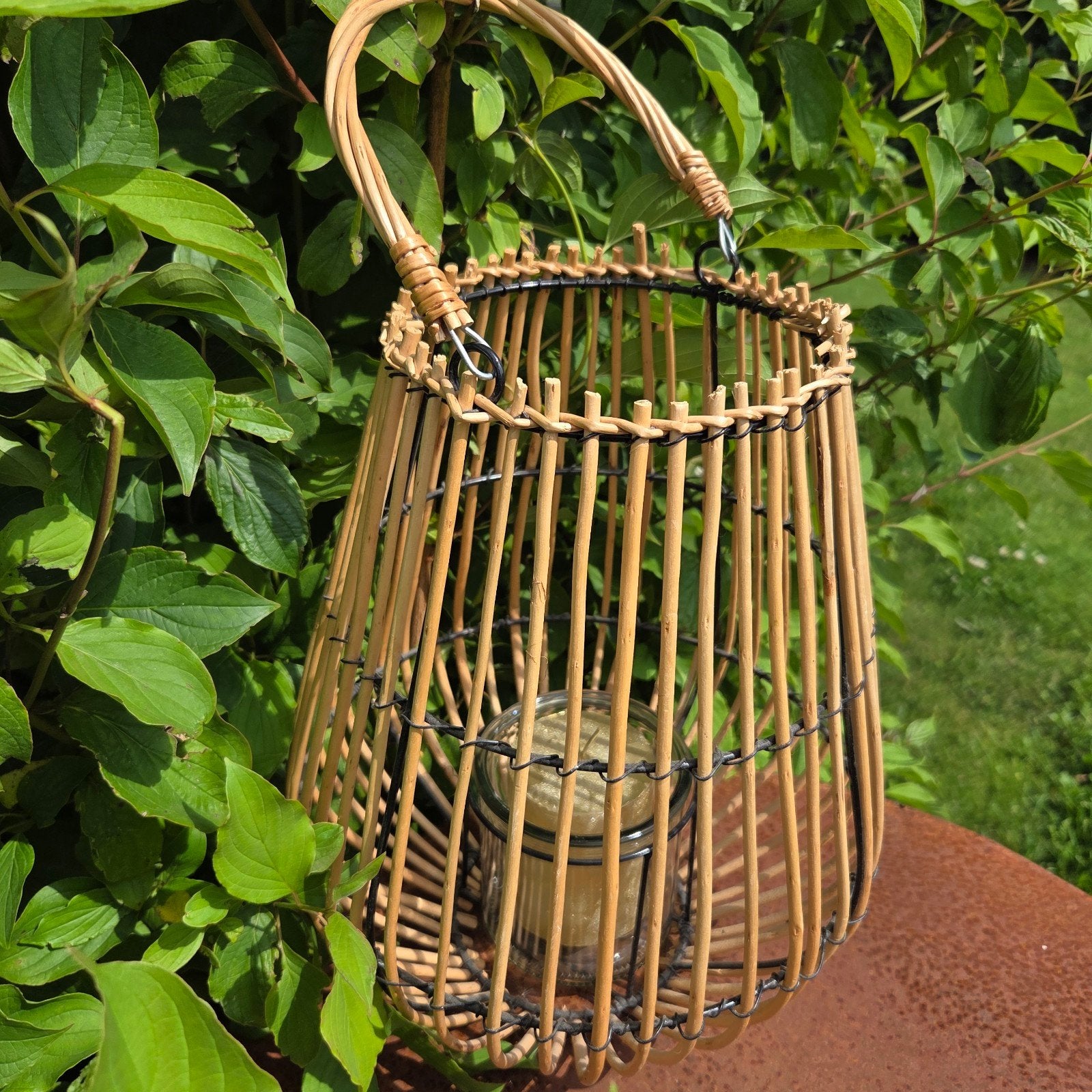 Windlicht lantaarn riet Bohemian Ibiza stijl, Windlicht, Zwart, Natuurlijk materiaal, Ophalen of Verzenden