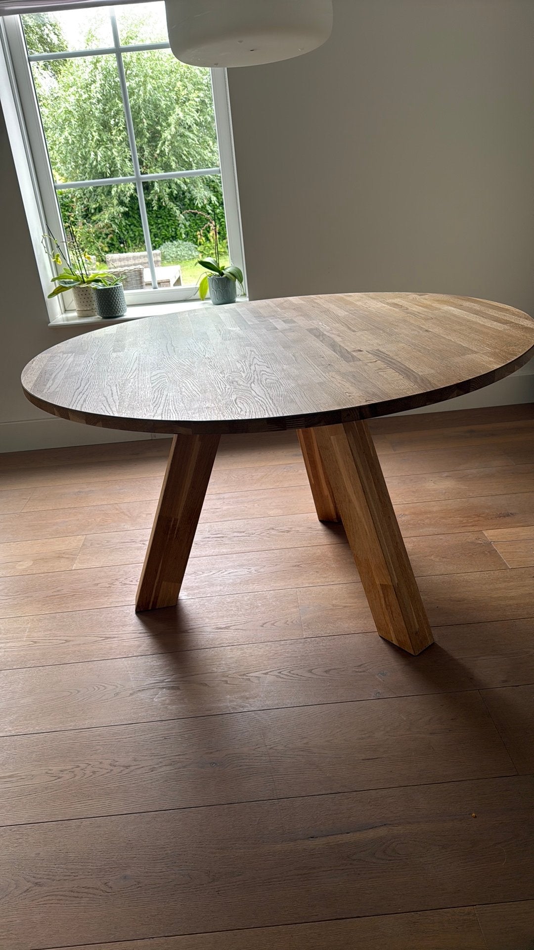 Woood massief eiken houten eettafel, tafel, geolied, Huis en Inrichting, Ophalen, Zo goed als nieuw, Rond, 100 tot 150 cm