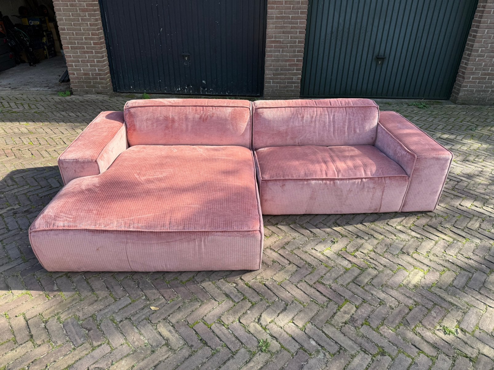 by fonQ Chunky hoekbank chaise longue links – Oud Roze rib, 150 tot 200 cm, Ophalen of Verzenden, Zo goed als nieuw, Vierpersoons of meer