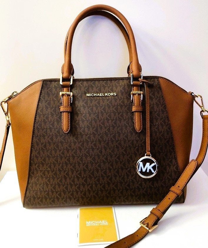 Originele Michael Kors grote tas handtas crossbody goud logo, Verzenden, Zo goed als nieuw, Bruin, Handtas