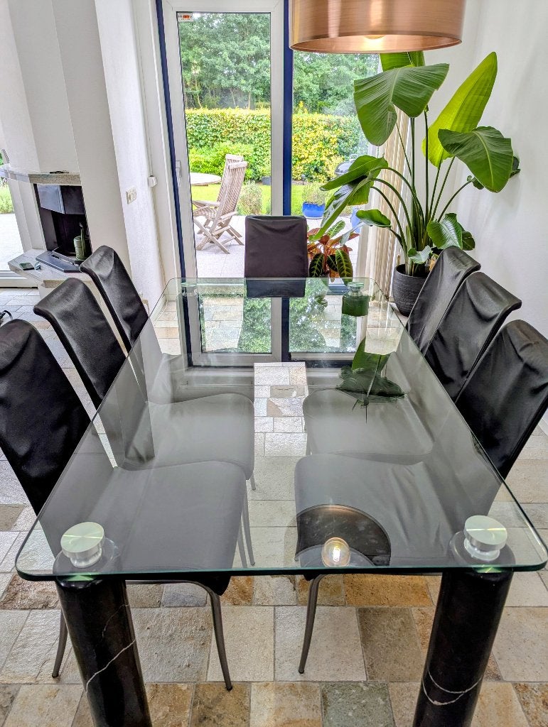 Glazen Eettafel +  Stoelen, Ophalen, Gebruikt, 50 tot 100 cm, Vijf personen of meer