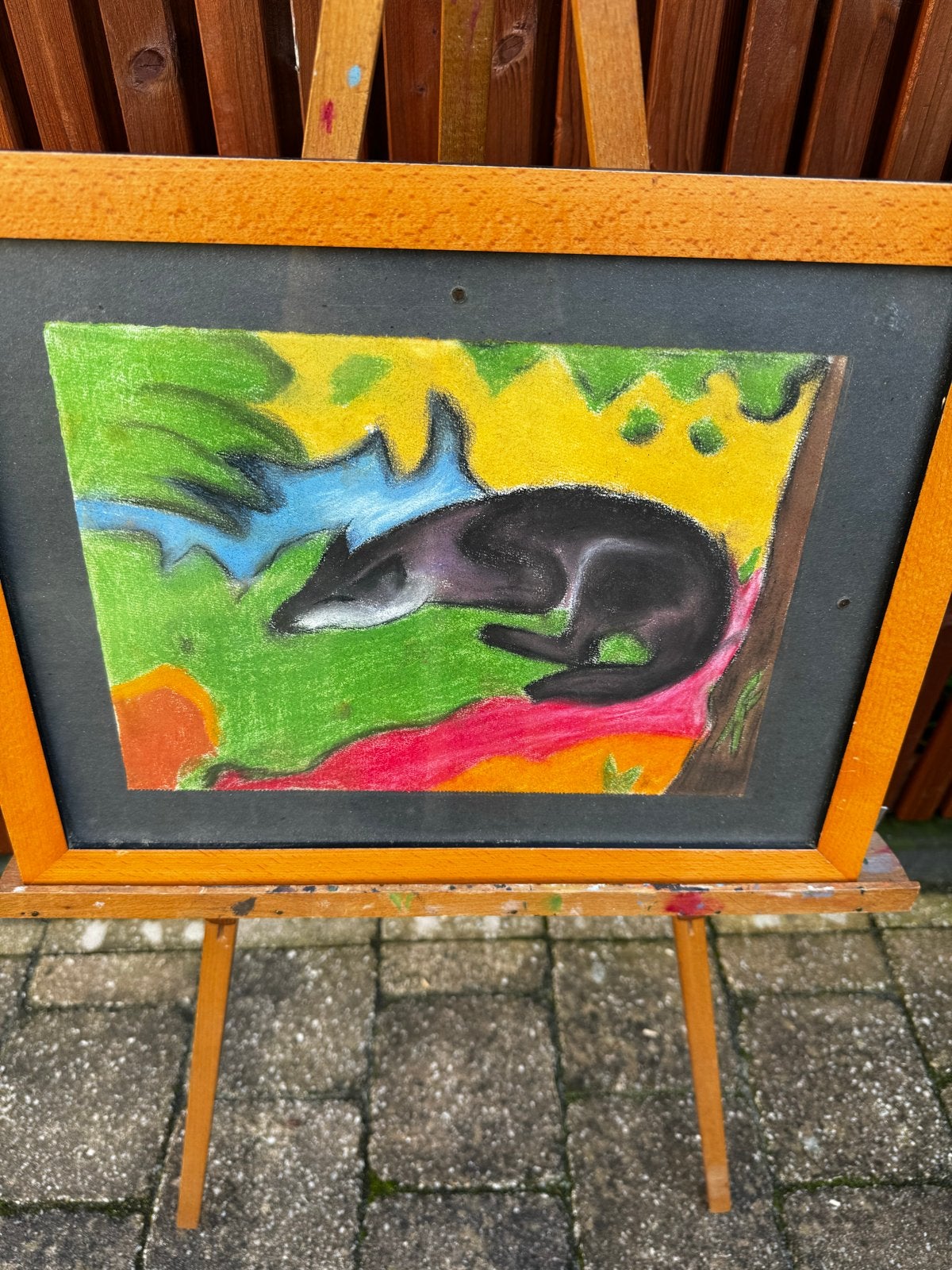 Schilderij van slapende vos in kleurrijk landschap, Antiek en Kunst, Ophalen, Papier/karton, Dieren, Gesigneerd