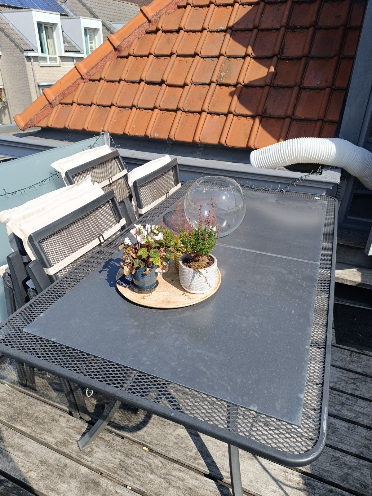 Stevige 6-delig tuinset met ijzeren tafel en stoelen, Ophalen, Overige materialen, Gebruikt, Tuinset