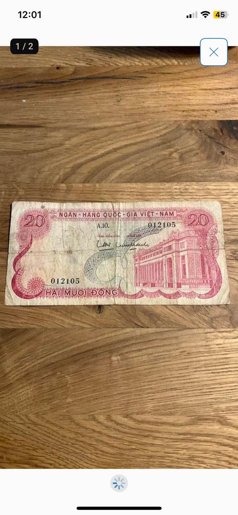 Vietnamese bankbiljet 20 dong - Zuid Vietnam jaren 50/60, Ophalen of Verzenden, Zuidoost-Azië, Los biljet