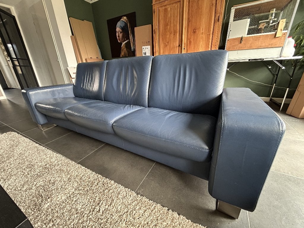 Stressless 3-zits bank in blauw leer, Gebruikt, Modern, Comfort, Driepersoons, Ophalen of Verzenden
