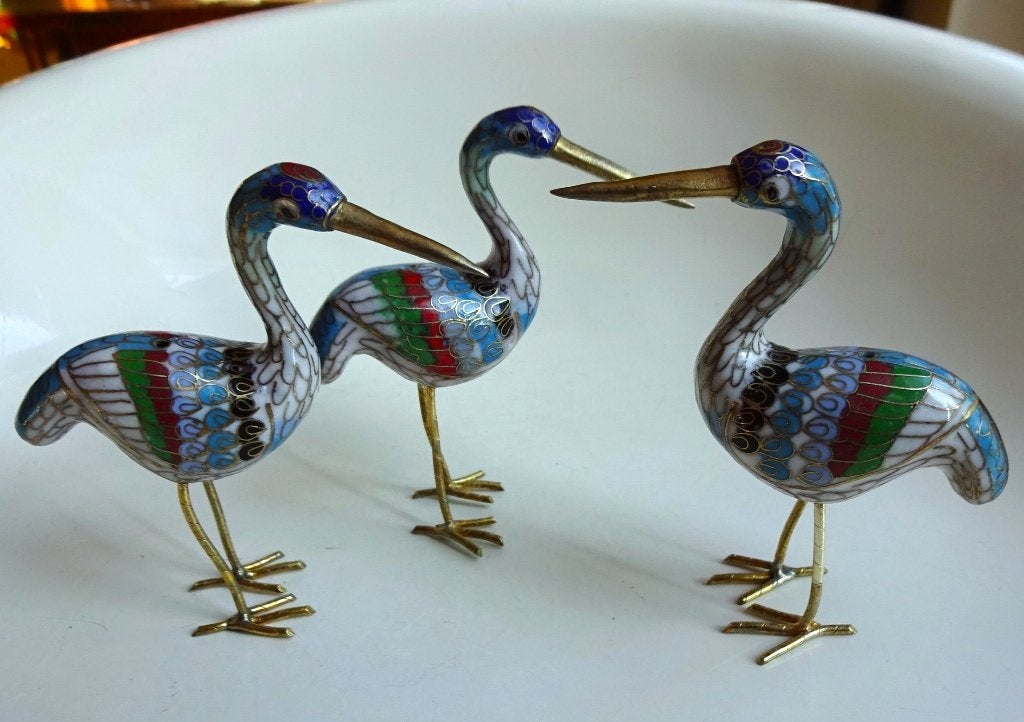 3 x Vintage Chinese cloisonné emaille kraanvogel, Ophalen of Verzenden