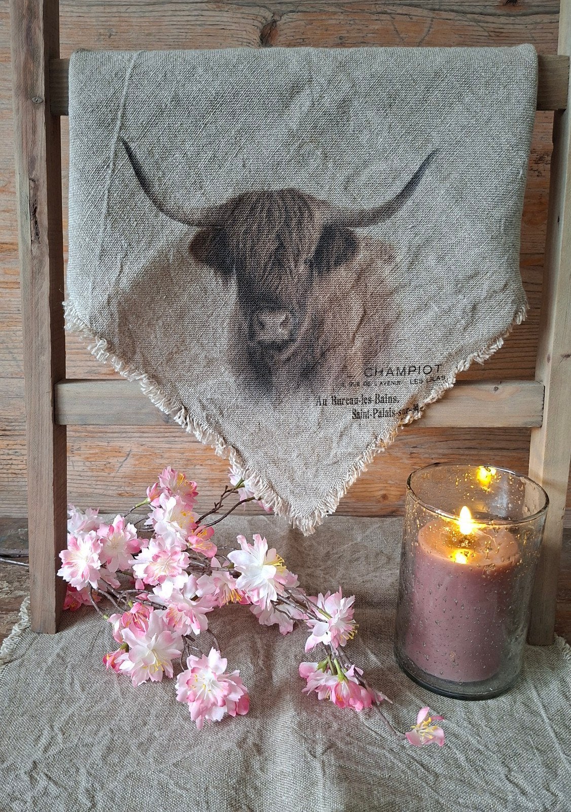 Shabby doek met afbeelding van een hooglander, Ophalen of Verzenden, Nieuw, Natuurlijk materiaal, Landelijk