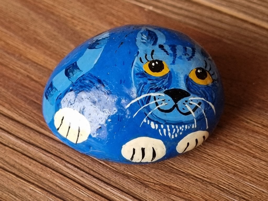 Mooie Vintage Steen / Kei met Poes Kat Afbeelding Blauw Wit, Verzenden