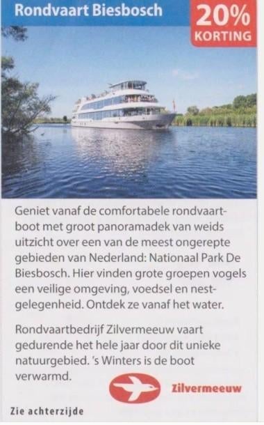 Rondvaart Biesbosch-Rondvaartbedrijf Zilvermeeuw 20% korting, Tickets en Kaartjes, Drie personen of meer, Kortingsbon, Overige typen