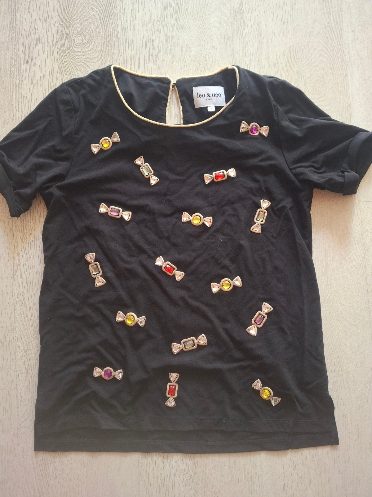 Leo & Ugo Zwart T-shirt met Snoepjes Applicaties, Leo & Ugo, Zwart, Ophalen of Verzenden, Zo goed als nieuw