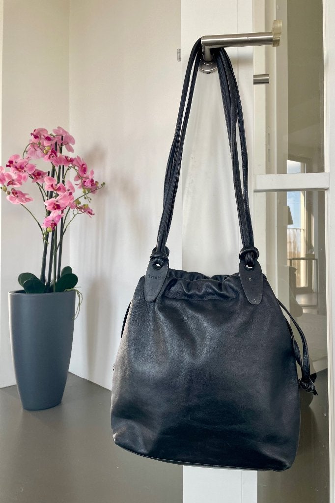 Vintage leren tas de I Santi – Made in Italy, Ophalen of Verzenden, Gebruikt, Zwart, Schoudertasje
