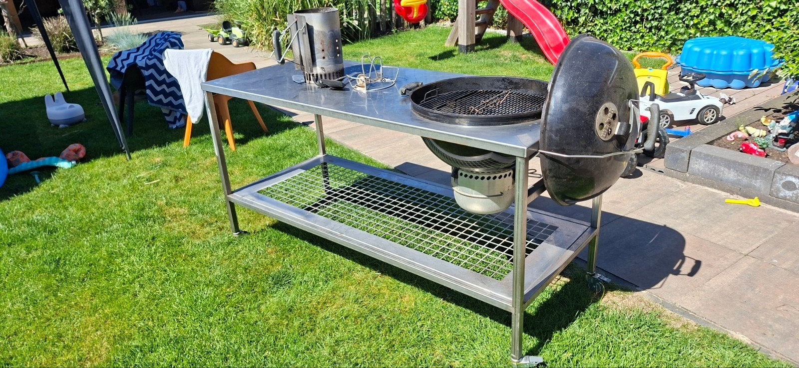 RVS BBQ tafel met Weber Mastertouch en accessoires, Ophalen, Gebruikt, Weber