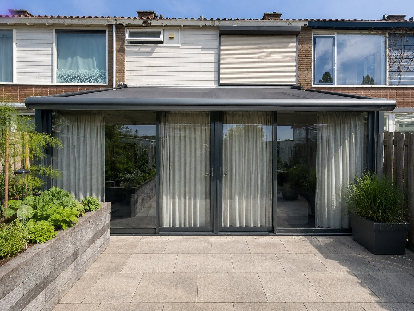 Terrasoverkapping/serre 6x3m met glazen wanden en zonwering, Tuin en Terras, Zonneschermen, Ophalen, Gebruikt, Overige typen, 450 cm of meer
