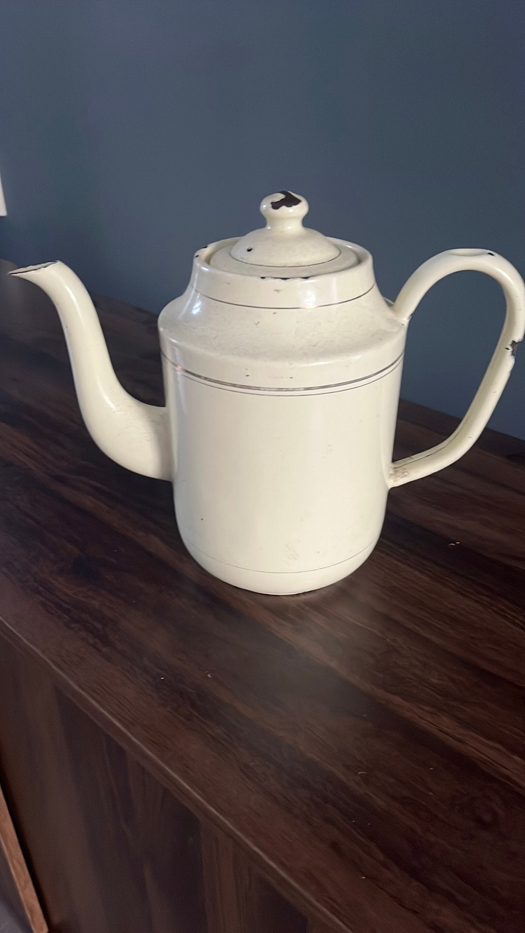 Emaille theepot, creme met gouden bies, Ophalen of Verzenden