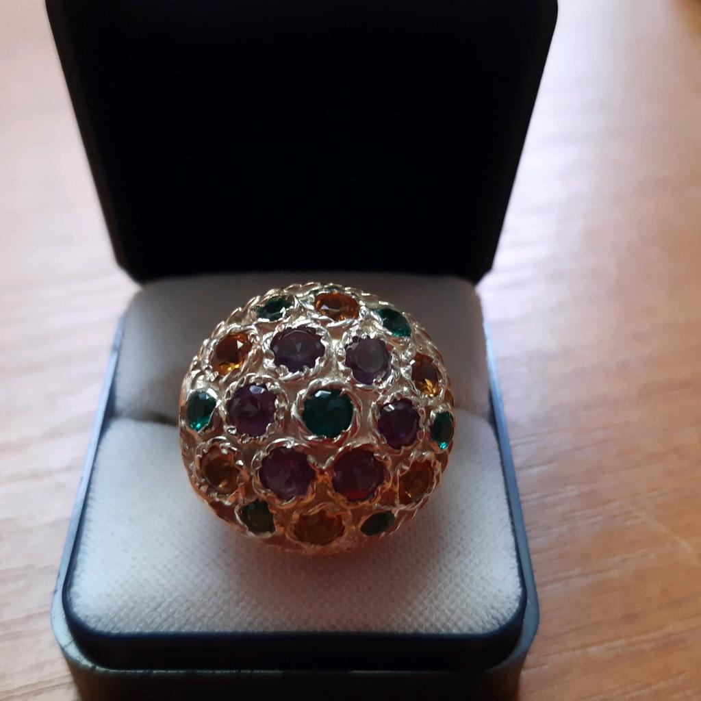 9 karaat gouden ring met amethyst smaragd en topaas, 18 tot 19, Verzenden, Zo goed als nieuw, Zilver