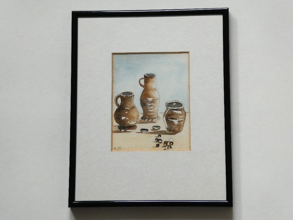 Aquarel / stilleven met Middeleeuwse kannetjes Jacobakan, Stilleven, Ophalen of Verzenden, Papier, Origineel werk