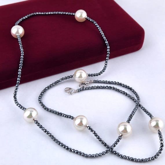 Majorica 1890 parel & hematietketting 925 sterling silver, Sieraden, Tassen en Uiterlijk, Kettingen, Nieuw, Zilver, Zwart, Met edelsteen