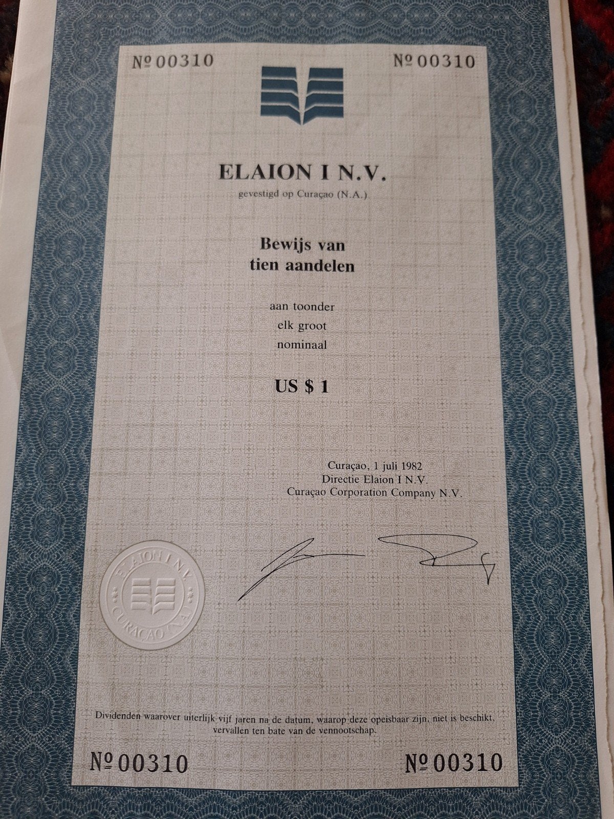Aandeel Elaion I N.V. - Bewijs van tien aandelen, Ophalen of Verzenden