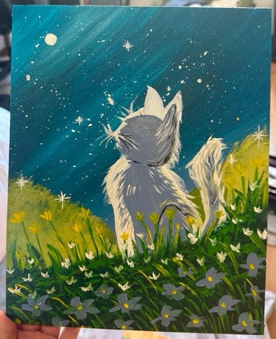 Schilderij: Kat onder de sterrenhemel, Antiek en Kunst, Kunst | Schilderijen | Klassiek, Acrylverf, Doek, Realistisch, Dieren