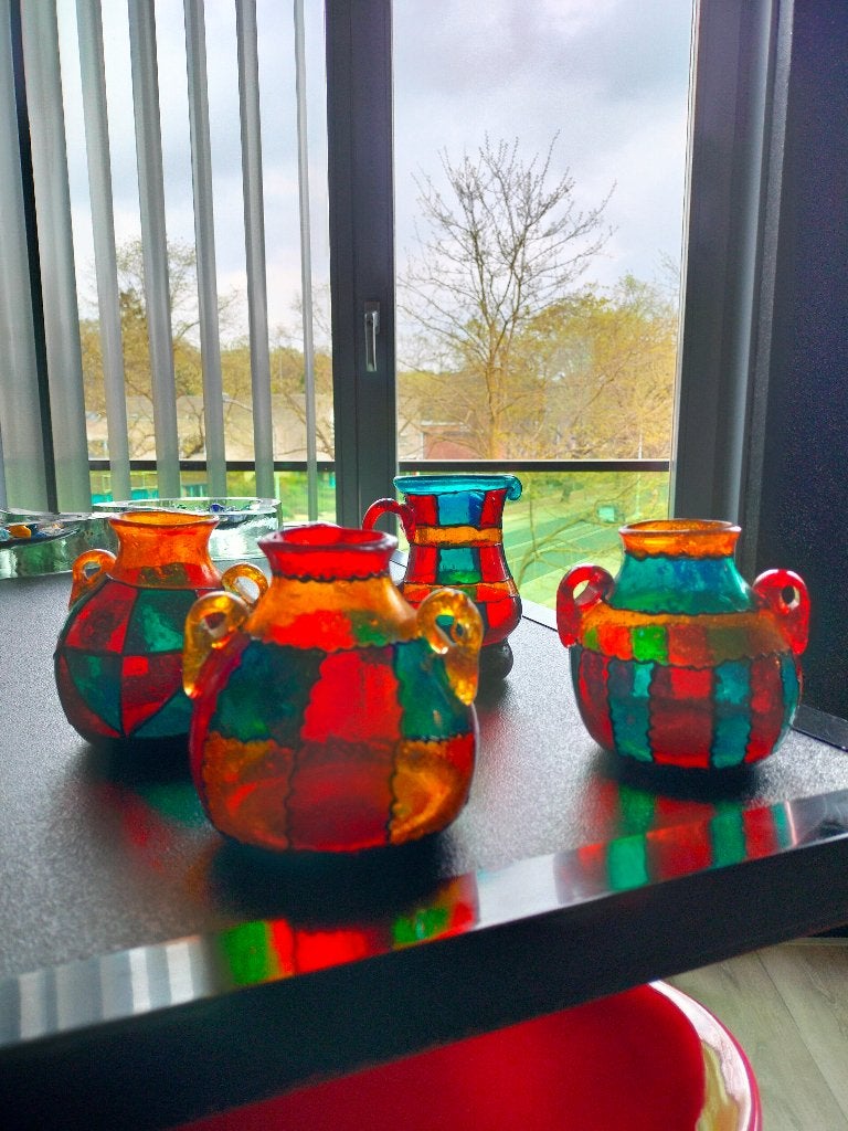 Vaas 4 stuks "Stained Painted Vase" Glas Rood Oranje 1970, Ophalen of Verzenden
