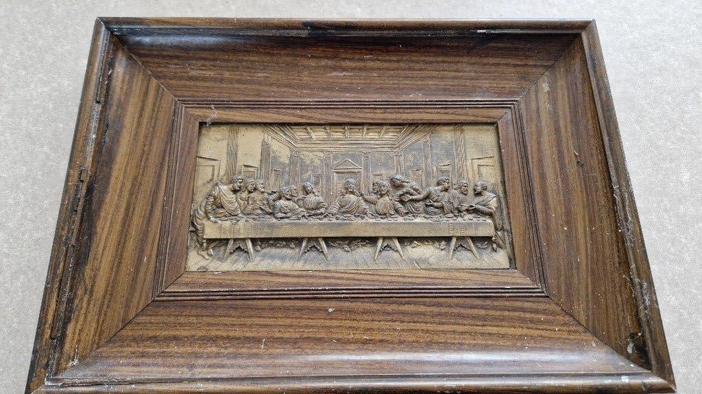 antieke religie wandplaat met koperbeslag, Ophalen of Verzenden