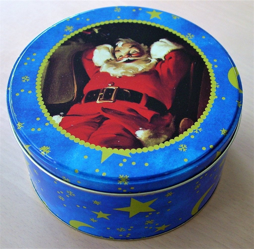 blik / koekjestrommel kerstman, rond ø 16,5 cm., Verzamelen, Ophalen of Verzenden, Zo goed als nieuw, Koek(jes)