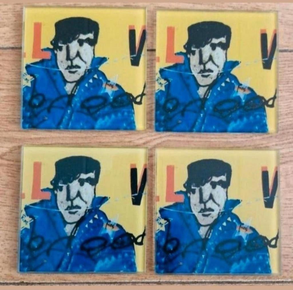 Vier Glazen onderzetters Herman Brood, Ophalen of Verzenden, Zo goed als nieuw, Glas of Kopje