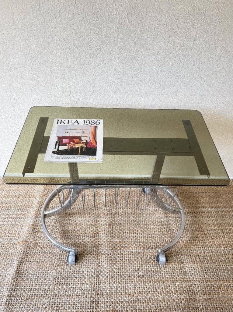 Space Age Tafel - Serveerwagen - Chroom - Bauhaus - Rookglas, Huis en Inrichting, Ophalen, Minder dan 55 cm, Gebruikt, Glas
