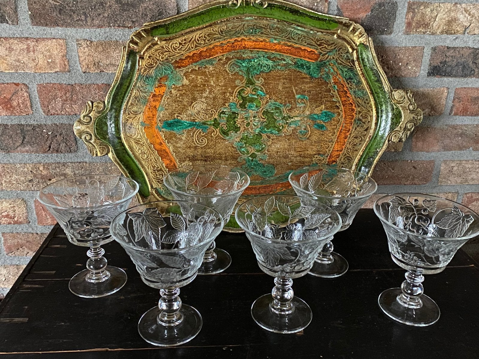 Vintage set glazen ijs/fruitcoupes, Florentijns dienblad, Antiek en Kunst, Ophalen of Verzenden