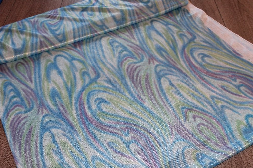 Rol polyester stretch stof met glitters - blauw/groen #2086, Hobby en Vrije tijd, Stoffen en Lappen, Blauw, 120 cm of meer, Ophalen of Verzenden