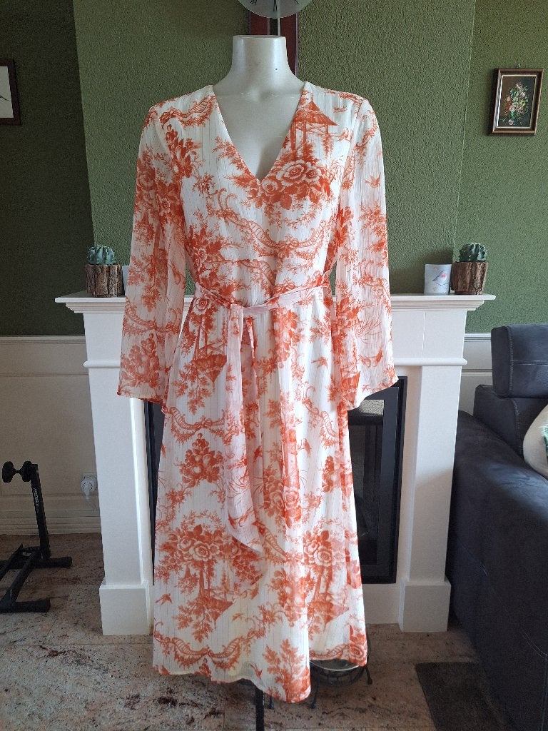 Y.A.S. YAS jurk voile oranje witte lange jurk M, Maat 38/40 (M), Verzenden, Oranje, Zo goed als nieuw