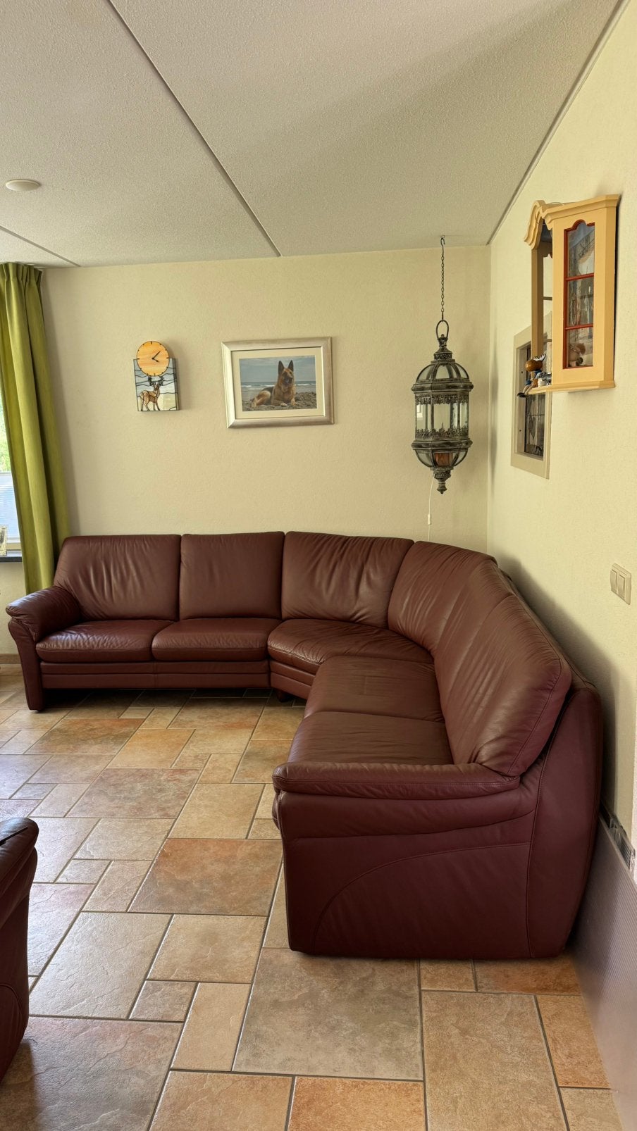 Mooie lederen bordeaux rode hoekbank plus fauteuil, Ophalen, Zo goed als nieuw, Leer