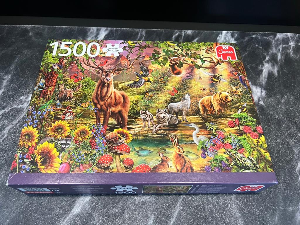 Jumbo puzzel 1500 stukjes Magisch bos bij zonsondergang, Ophalen of Verzenden, 500 t/m 1500 stukjes, Zo goed als nieuw