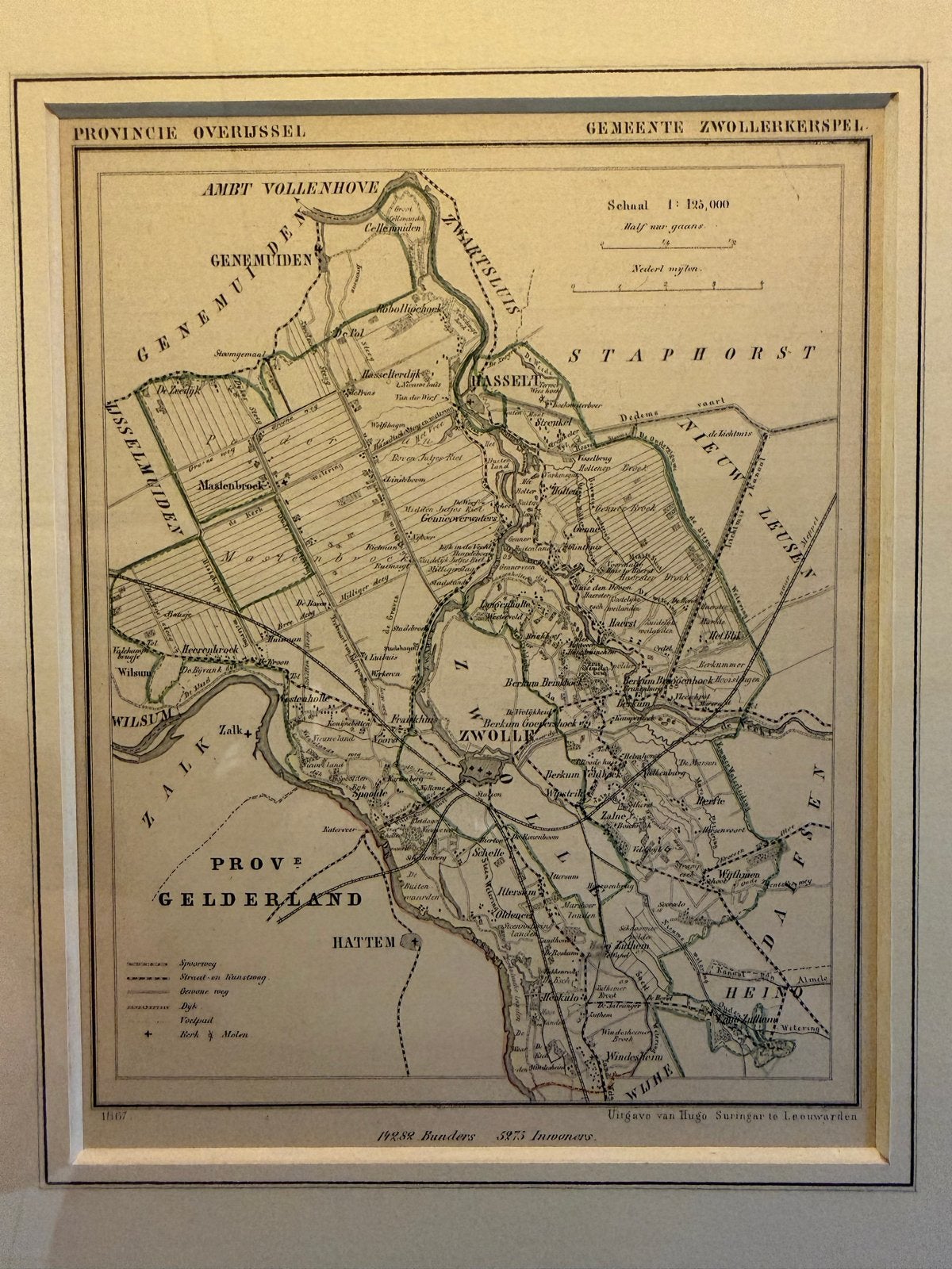 Ingelijste authentieke kaart Zwolle 1867, Ophalen of Verzenden, 1800 tot 2000, Nederland, Landkaart