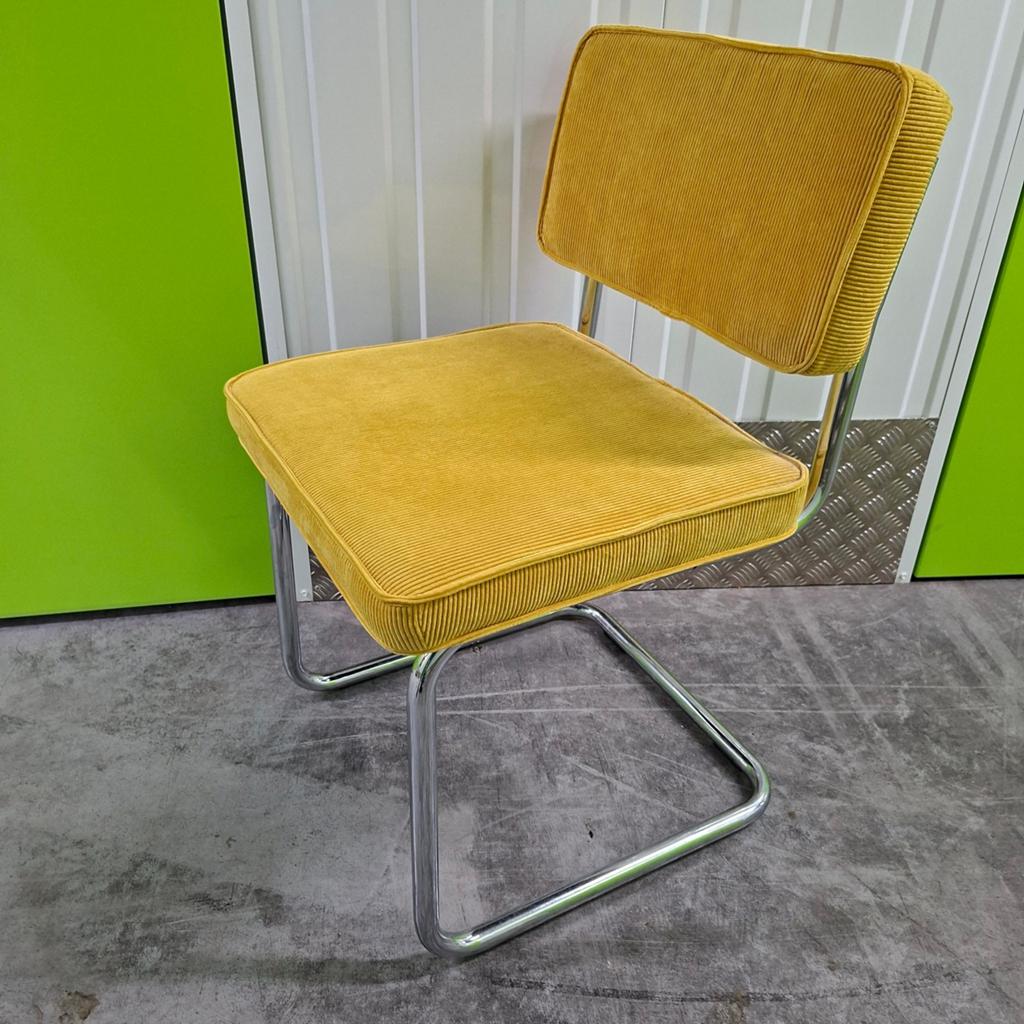 4x ridge rib woood buisframe stoel chroom frame oker geel, Huis en Inrichting, Stoelen, Overige kleuren, Ophalen of Verzenden