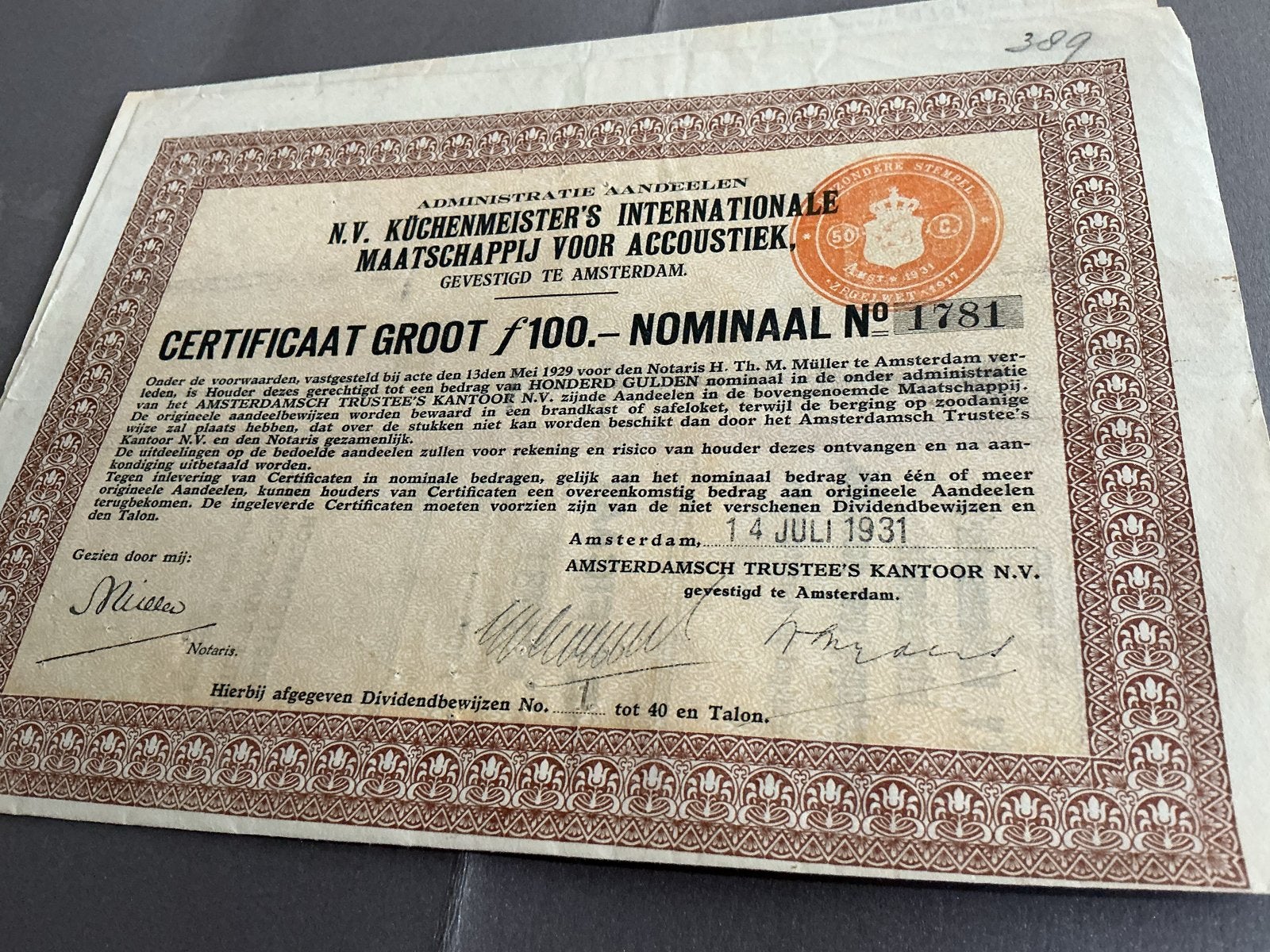 CERTIFICAAT N.V. KÜCHENMEISTER'S INTERNATIONAL MAATSCHAPPIJ, Verzenden, 1920 tot 1950, Aandeel