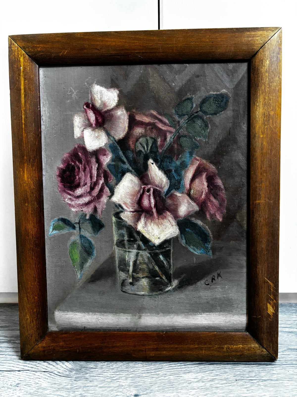 Vintage stilleven bloemen olieverfschilderij gesigneerd, Antiek en Kunst, Bloemen, Doek, Ophalen of Verzenden, Gesigneerd